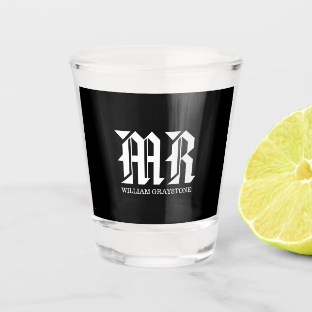 Vaso De Chupito Modern Black & White Name Monograma Iniciales MR (Anverso)