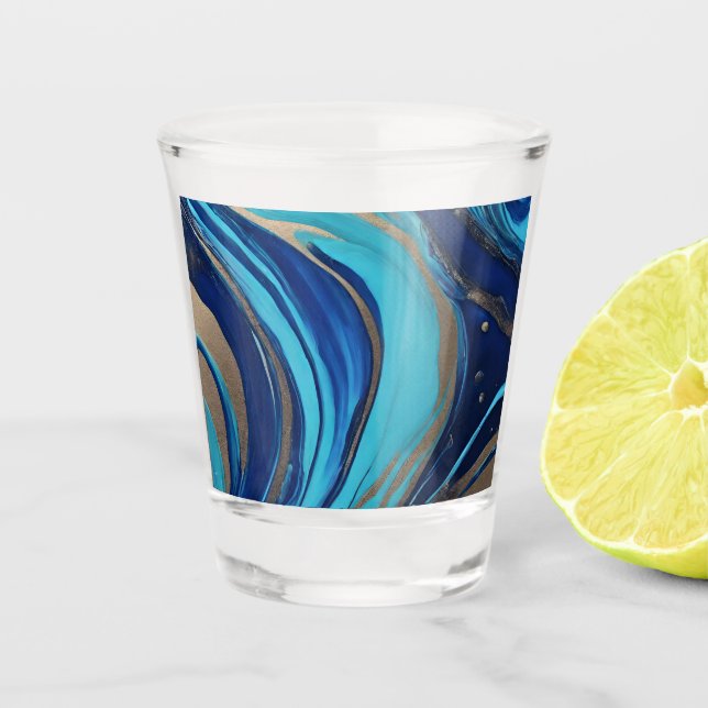 Vaso De Chupito Moderno Resumen Flujo de arte - Azul y Oro- (Anverso)