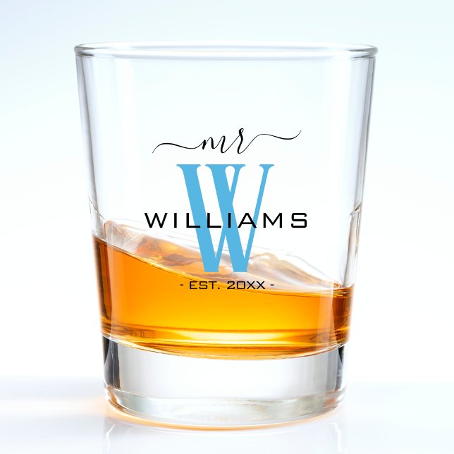 Vaso De Chupito Monograma azul Groom Aniversario del Sr. Boda (blue monogram Mr. shot glass for a husband / groom)