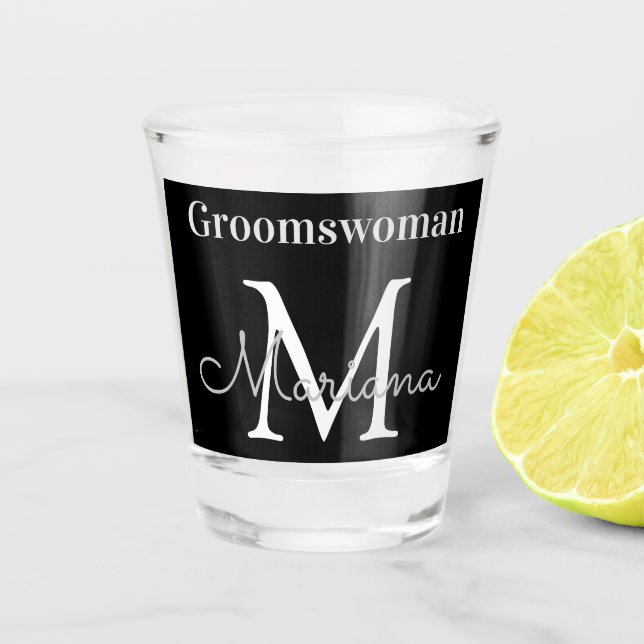 Vaso De Chupito monograma blanco negro groomswoman personalizado (Anverso)