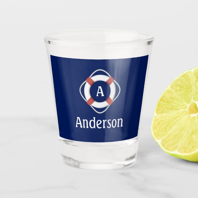 Vaso De Chupito Monograma de Navy Blue Nautical Lifesaver (Anverso)