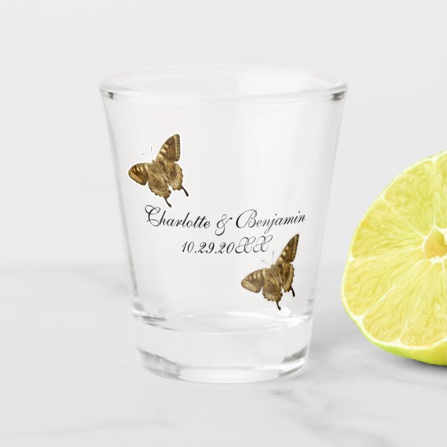 Vaso De Chupito Monograma Favoritos de la boda de la mariposa de o (Anverso)