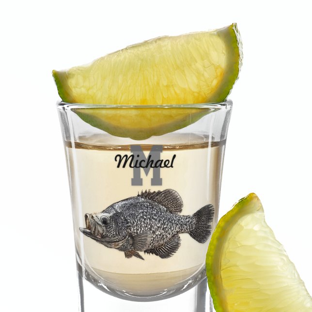 Vaso De Chupito Monograma Nombre Crappie Pescadores Hombres Deport (Crappie Fishing shot glass that can be monogrammed for the perfect gift.)