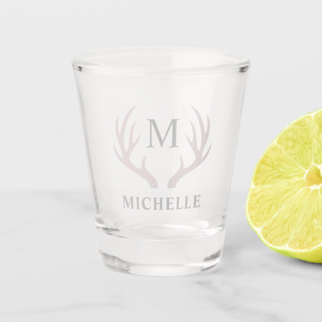Vaso De Chupito Monograma personalizado con Antler de venado blanc (Anverso)