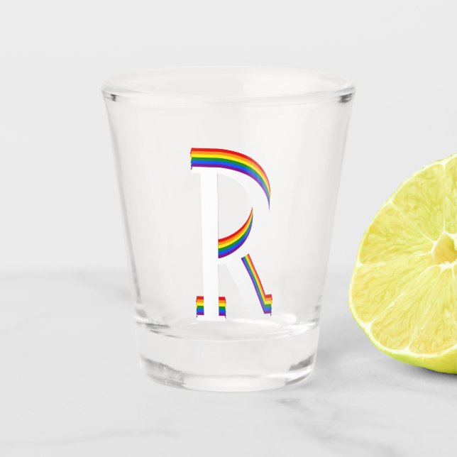 Vaso De Chupito Monograma R de la bandera arcoiris del orgullo gay (Anverso)