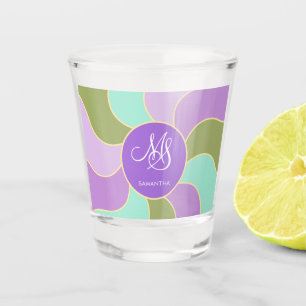Vaso De Chupito Monogramado Elegante Sol Retro y Olas Verde Púrpur