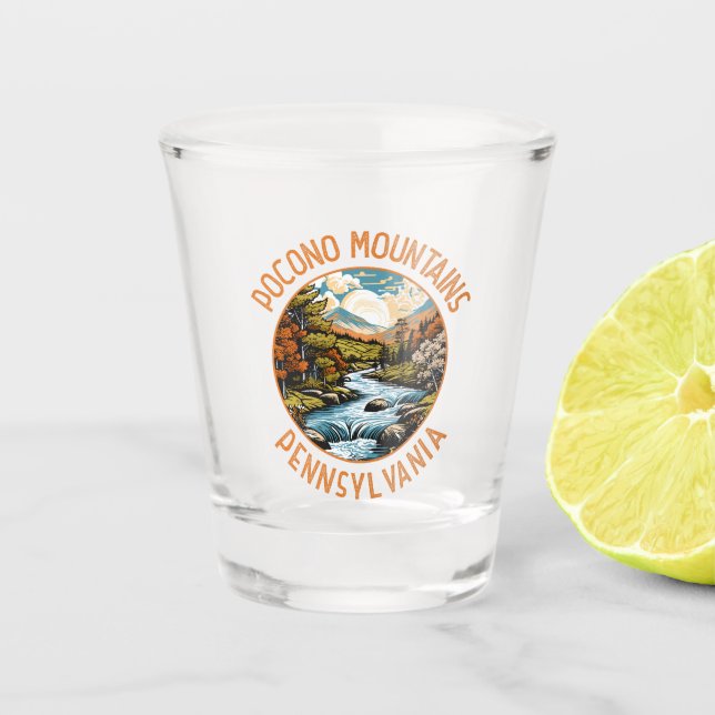 Vaso De Chupito Montañas Pocono Pennsylvania Sunset Retro Art (Anverso)