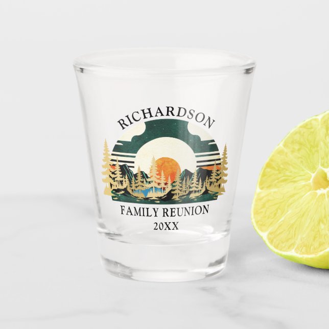 Vaso De Chupito Montañas Sunset Green Personalizado Camp Reunión F (Anverso)