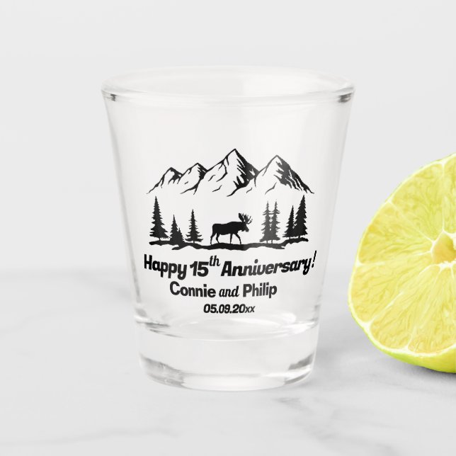 Vaso De Chupito Montañas y Alces 15º Aniversario de Boda (Anverso)
