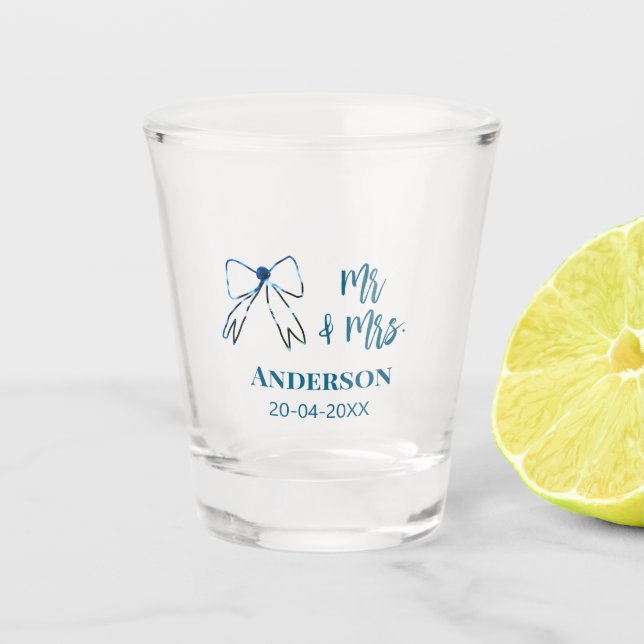 Vaso De Chupito Mr & Mrs agregar nombre fecha favor de boda lazo a (Anverso)