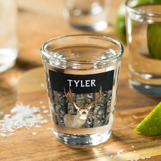 Vaso De Chupito Mule Deer Camo Nombre Guay Cazando Antlers Buck (Hunting Deer Personalized Camo Groomsman gift Shot Glass)