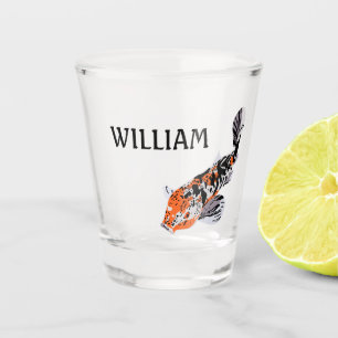 Vaso De Chupito Naranja de Ilustracion de pescado Koi y azul perso