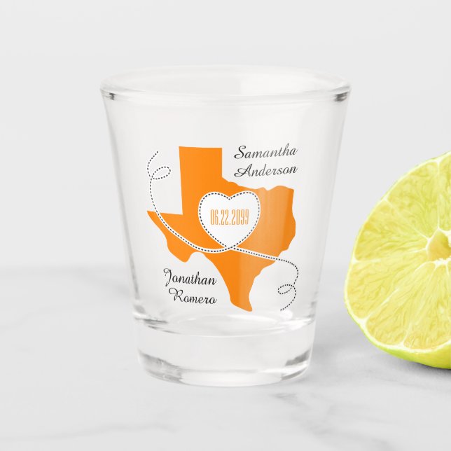 Vaso De Chupito Naranja Texas Curling Ribbon Boda Fecha (Anverso)