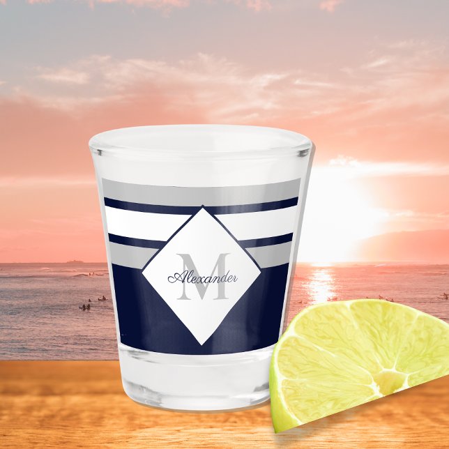 Vaso De Chupito Náutica moderna Navy franjas grises azules Monogra (Subido por el creador)