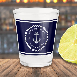 Vaso De Chupito Nautical Bote Nombre Anchor Rope Naval Azul Blanco