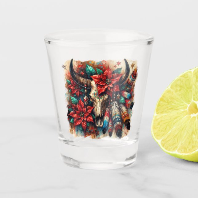 Vaso De Chupito Navidades Cow Bull Skull Poinsettias Feathers (Anverso)