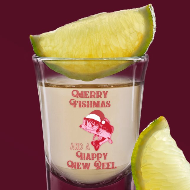 Vaso De Chupito Navidades divertidos pescan en el trasero (Merry Fishmas! A funny Christmas fishing pun shot glass. )