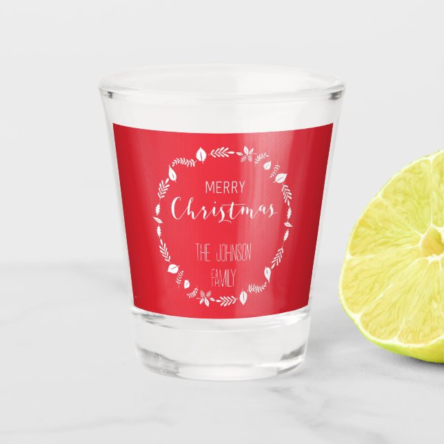 Vaso De Chupito Navidades rojos con decoración de hojas blancas (Anverso)