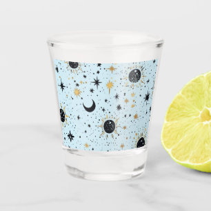 Vaso De Chupito Negro, Dorado y Azul Sol Luna Estrellas Celestiale