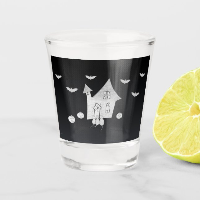 Vaso De Chupito Noche de Halloween con casa embrujada, murciélagos (Anverso)