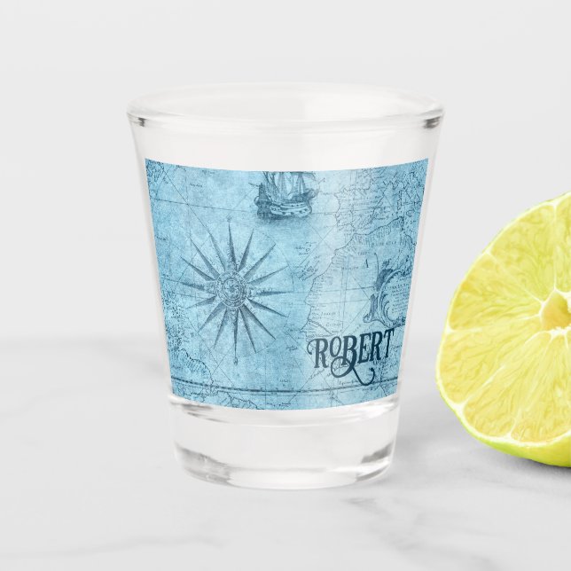 Vaso De Chupito Nombre, Blue Faux Old World Map 1.5oz (Anverso)