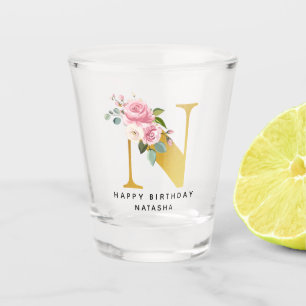 Vaso De Chupito Nombre de monograma floral de cumpleaños feliz per