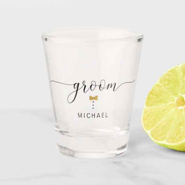 Vaso De Chupito Nombre de secuencia de comandos Groom Gold Bow Tie (Anverso)