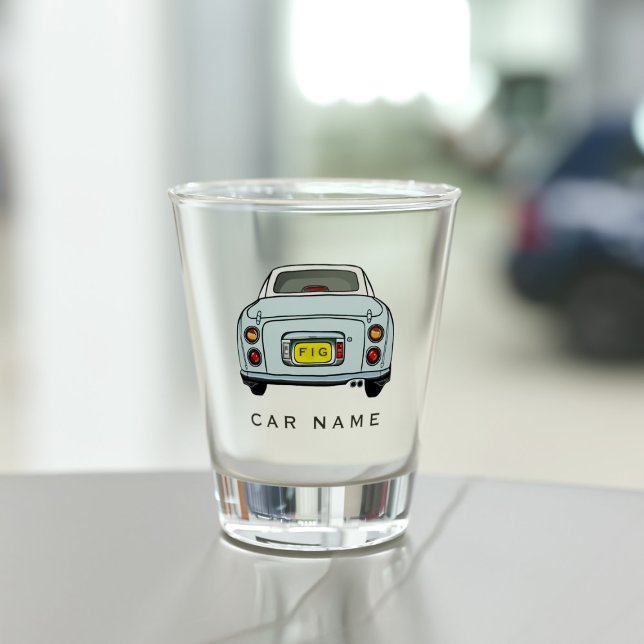 Vaso De Chupito Nombre del coche Figaro Azul Figaro Glass de dispa (A fun figgy shot glass with space for your car name )