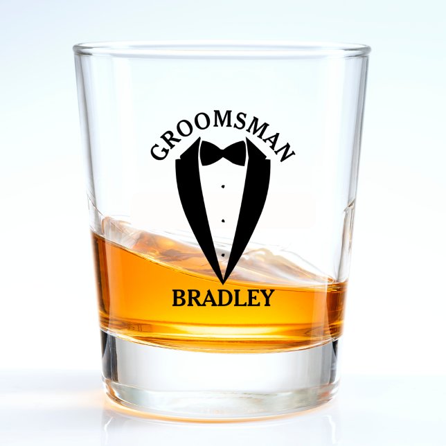 Vaso De Chupito Nombre del Padrino Negro Boda Fiesta de Despedida  (groomsman shot glass, black suit bowtie)