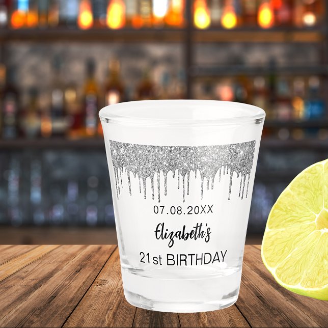 Vaso De Chupito Nombre del purpurina de plata de cumpleaños (Subido por el creador)