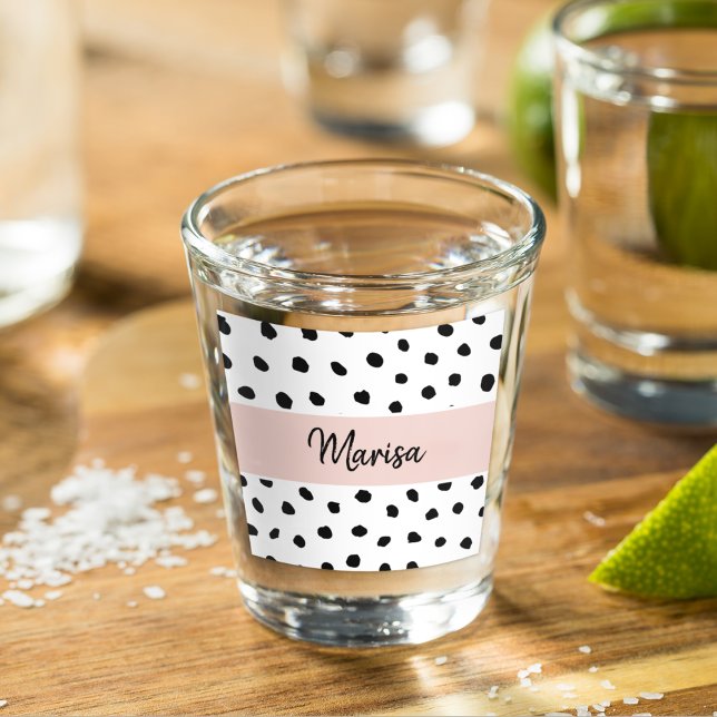 Vaso De Chupito Nombre moderno del monograma | Puntos rosados y ne (Subido por el creador)