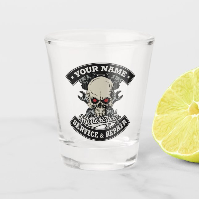 Vaso De Chupito NOMBRE Personalizado Biker Mechanic Skull Motorcyc (Anverso)