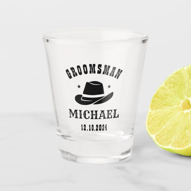 Vaso De Chupito Nombre personalizado de Groomsmen, Gorra de Cowboy (Anverso)