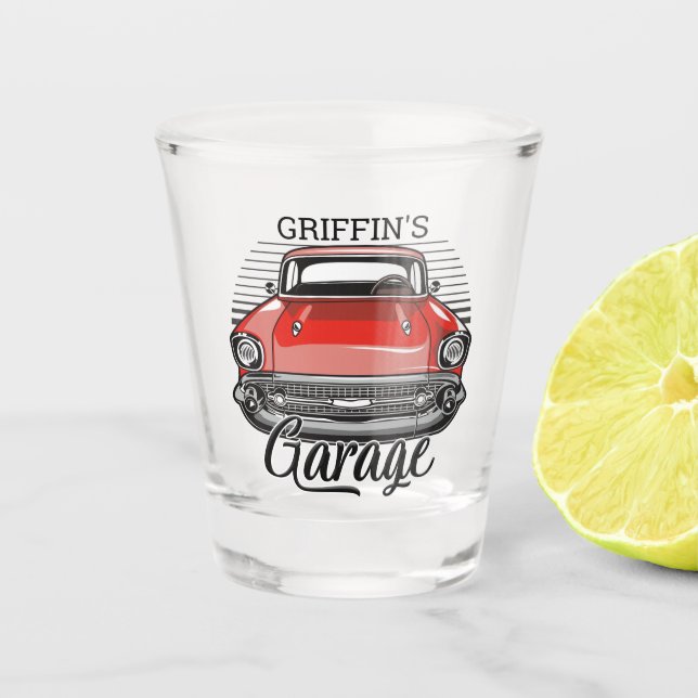 Vaso De Chupito NOMBRE personalizado Retro Red Classic Car Garage (Anverso)