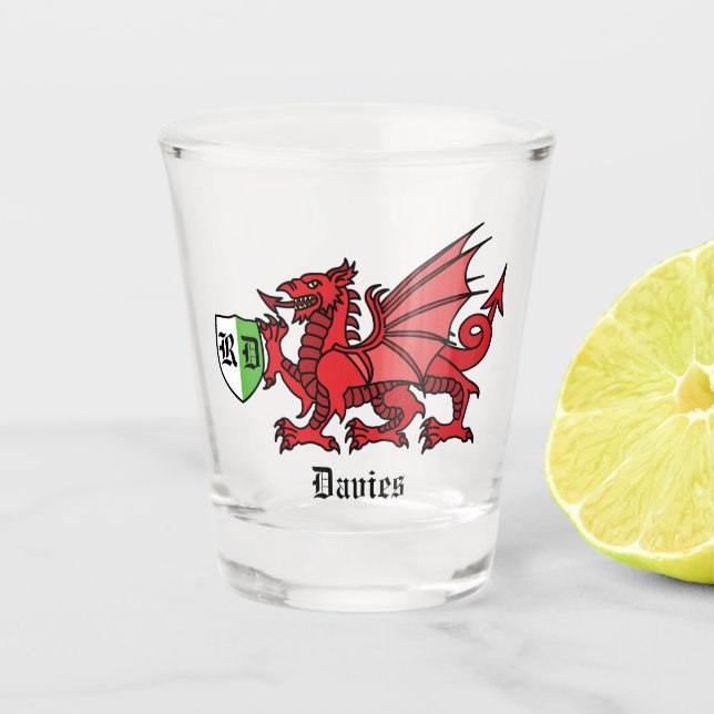 Vaso De Chupito Nombre personalizado y monograma del dragón galés (Anverso)