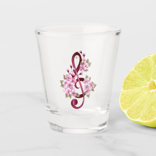 Vaso De Chupito Notas de clave de sol musical con flores de Sakura (Anverso)