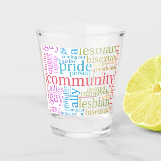 Vaso De Chupito nube de palabras de la comunidad arcoíris LGBTQ+ d (Anverso)