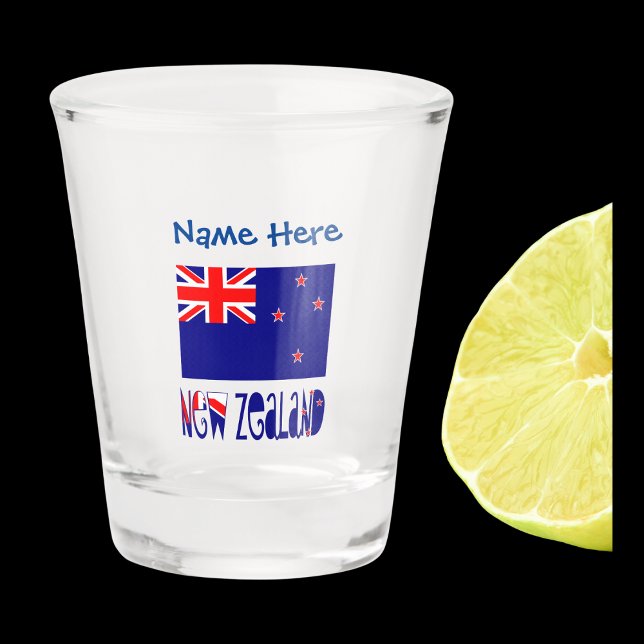 Vaso De Chupito Nueva Zelanda Bandera de Nueva Zelanda Azul Person (Shot glass has New Zealander flag and words NEW ZEALAND below in flag colors. Above, add a name.)