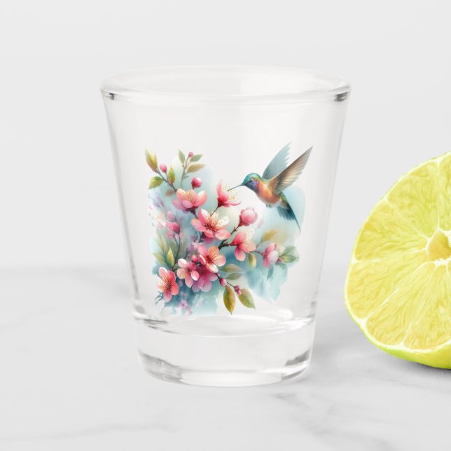 Vaso De Chupito Obra artística de colibrí floral/primavera (Anverso)