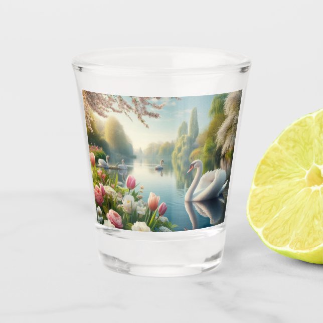 Vaso De Chupito Obra artística de primavera de lagos de cisne flor (Anverso)
