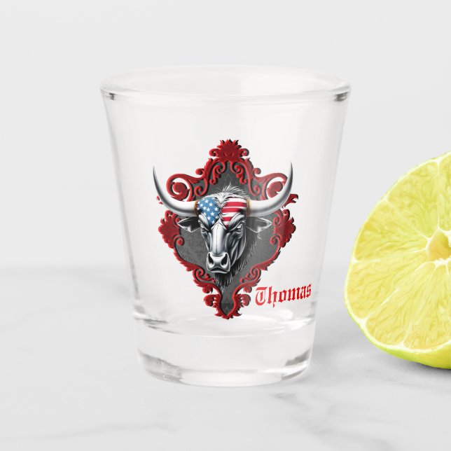 Vaso De Chupito Orgullo y fuerza, un toro americano (Anverso)
