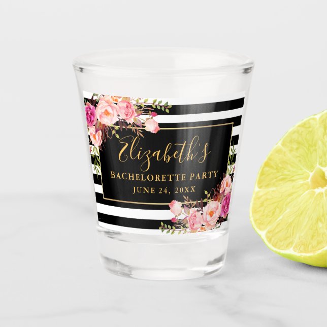 Vaso De Chupito Oro rayado floral rosado del fiesta de (Anverso)