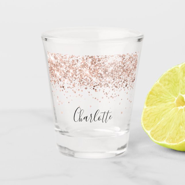 Vaso De Chupito Oro rosa brillo nombre script elegante (Anverso)