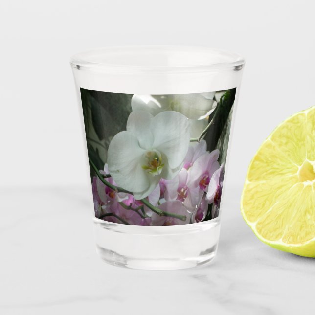 Vaso De Chupito Orquídeas blancas y púrpuras (Anverso)