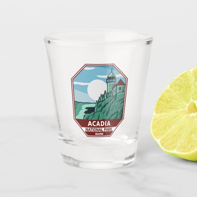 Vaso De Chupito Parque nacional Acadia faro Maine Emblem retro (Anverso)