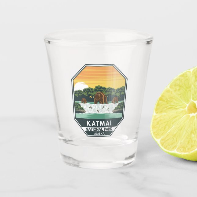 Vaso De Chupito Parque nacional Katmai Grizzly lleva emblema retro (Anverso)