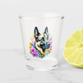 Vaso De Chupito Pastor alemán y flores arte de ia