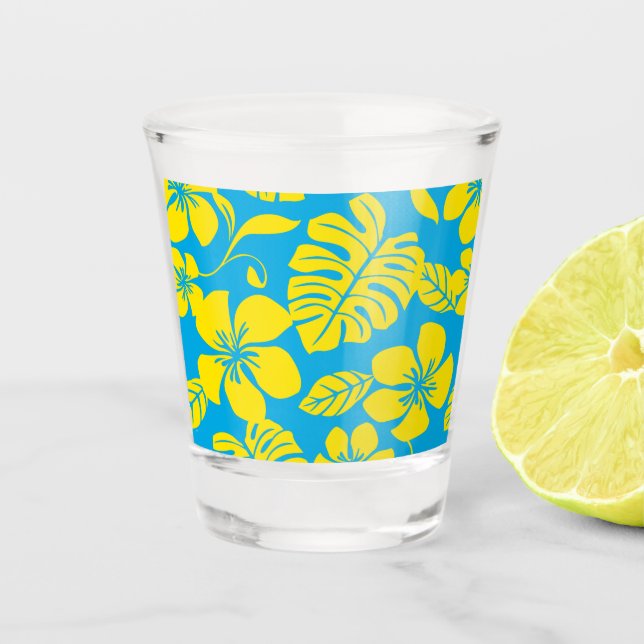 VASO DE CHUPITO PATRÓN DE BIKINI ROSA EN AZUL/AMARILLO (Anverso)
