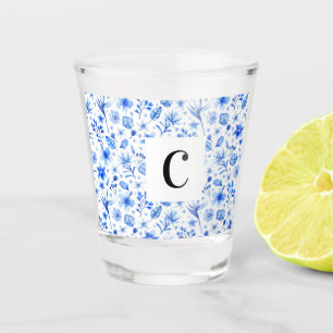 Vaso De Chupito Patrón de hojas tropicales de color azul cobalto 1