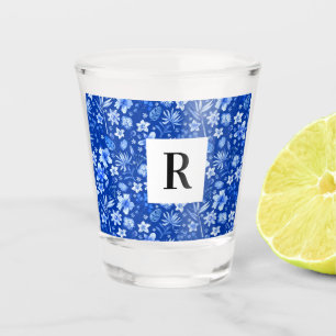 Vaso De Chupito Patrón de hojas y flores tropicales azul cobalto 1